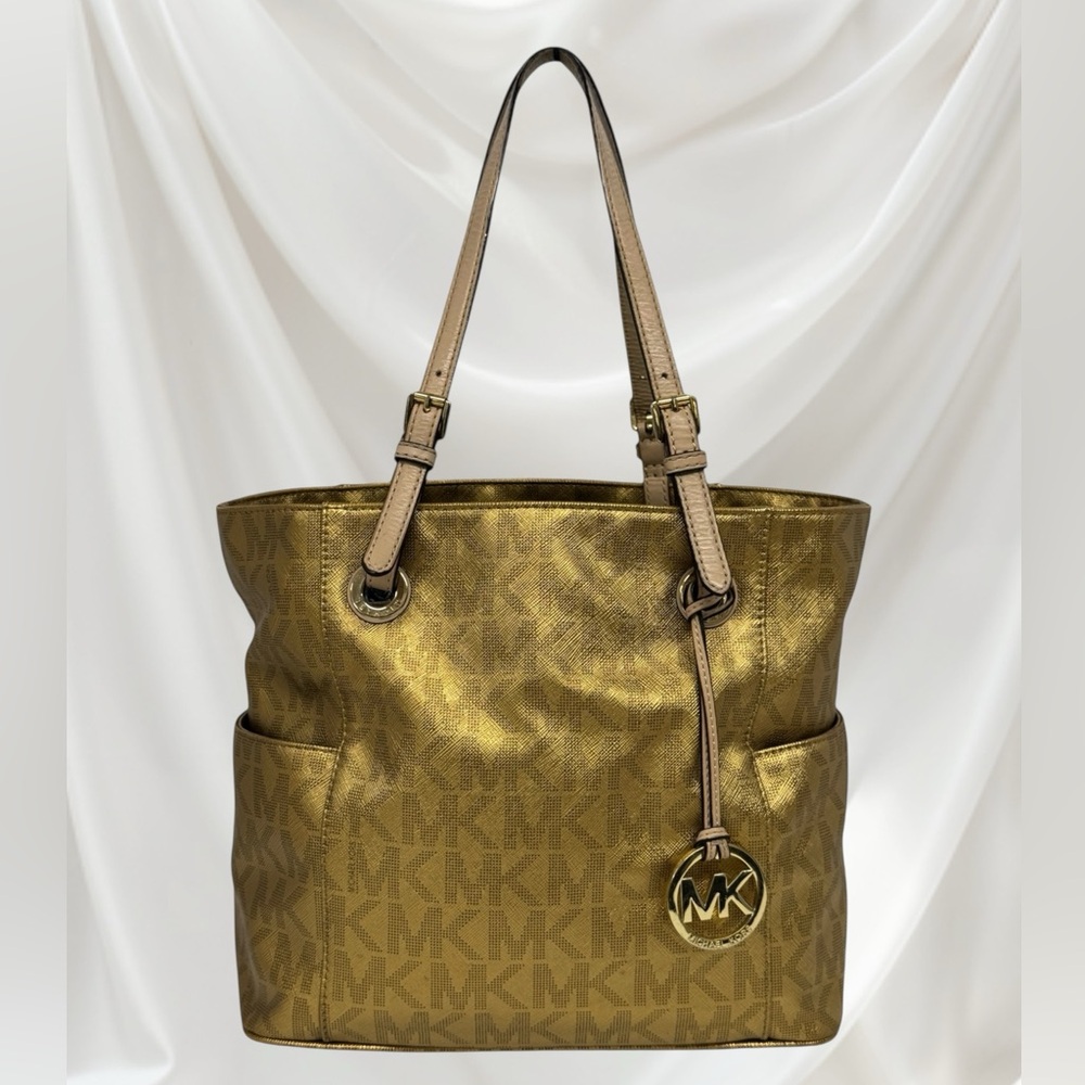 Michael Kors Jet Set East West Signature Gold Metallic Tote Purse Shoulder Bag - Picture 2 of 16